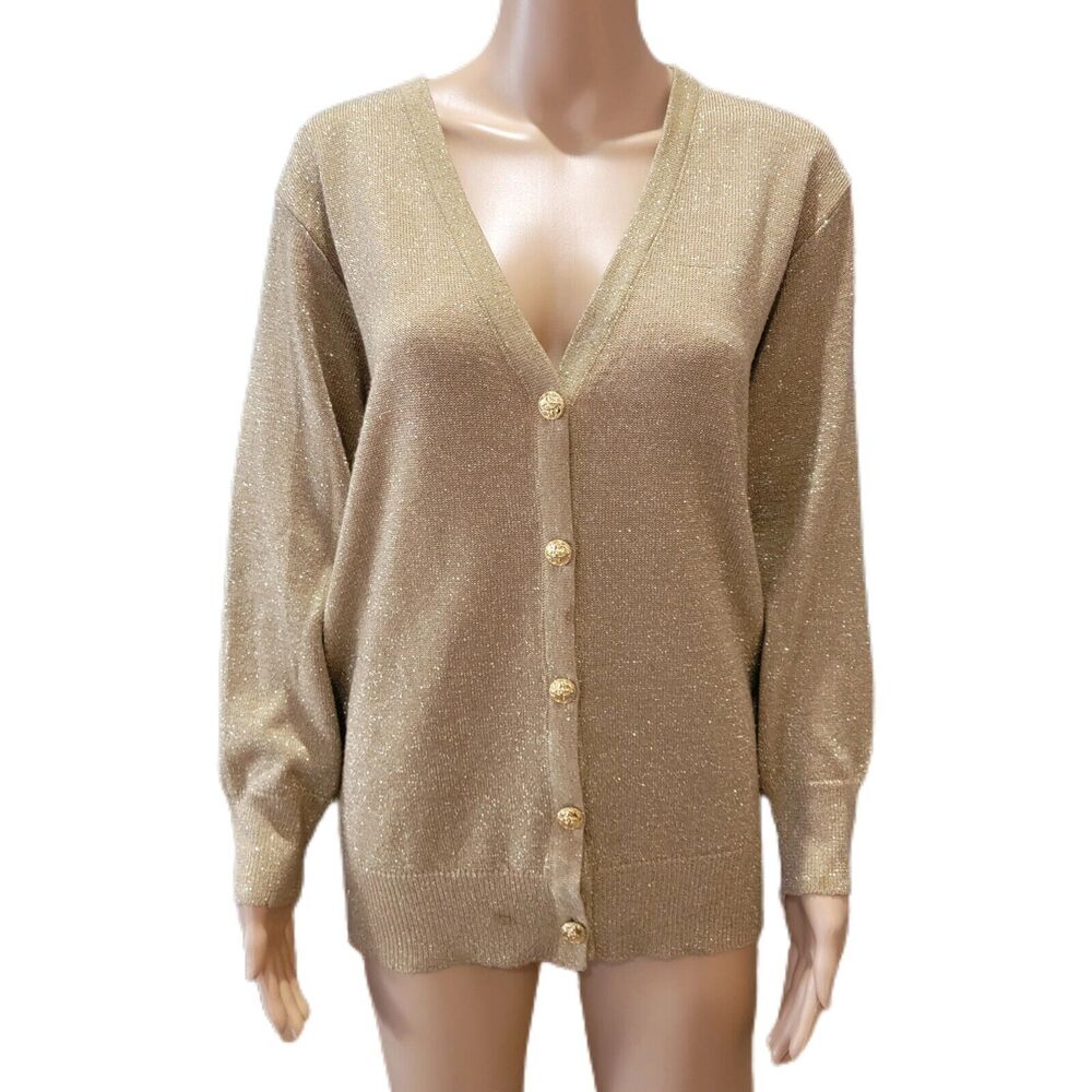 Rochelle California Vintage Knit Button Up Cardigan Shimmer Gold Small